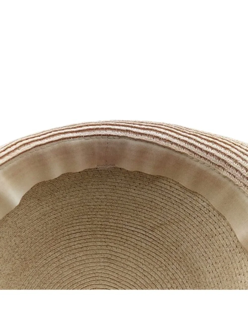 Womens Beige Straw Hat Wide Grosgrain Ribbon Band & Fabric Flower Summer Boho